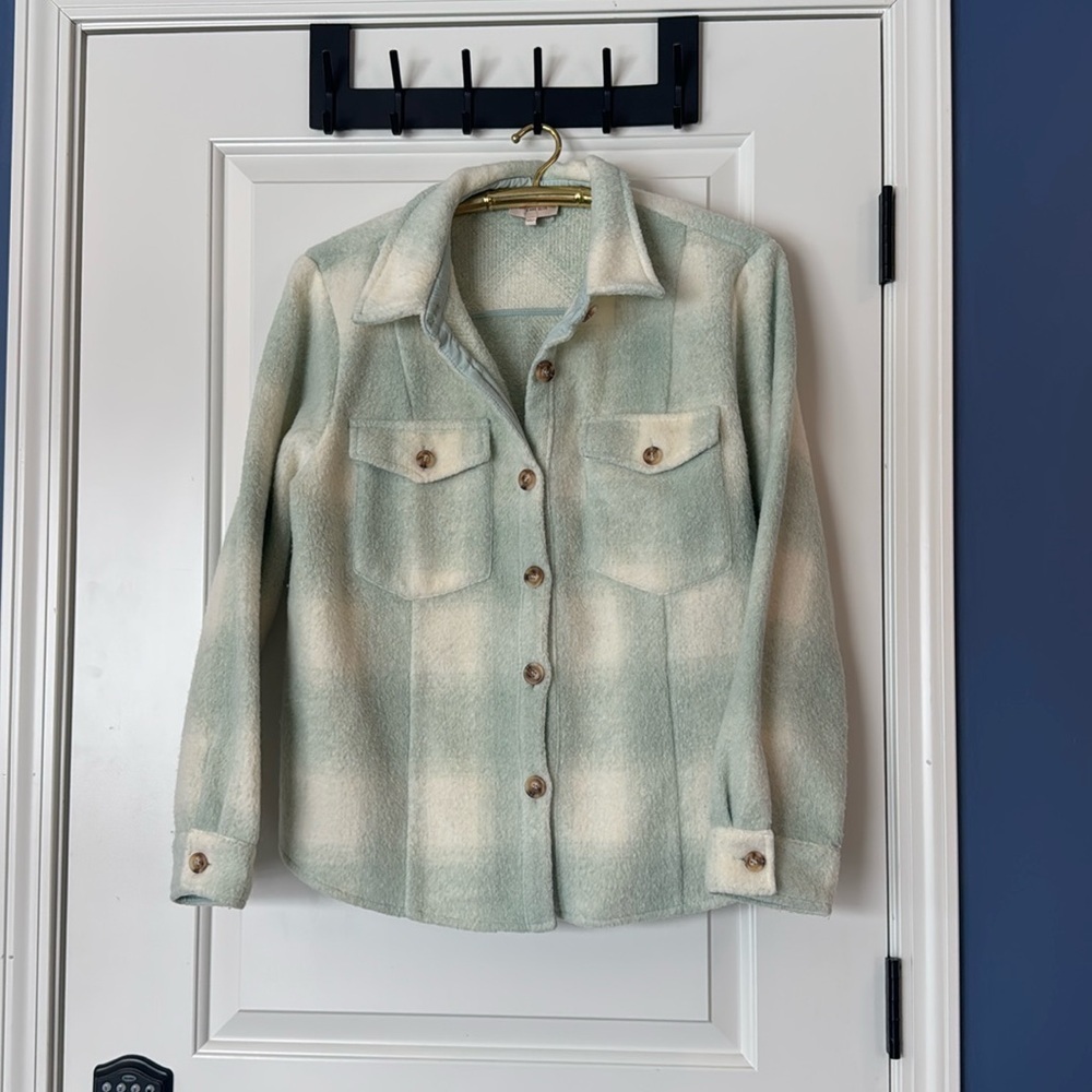 Plaid Shacket by Skies are Blue size large pastel green and creamy white